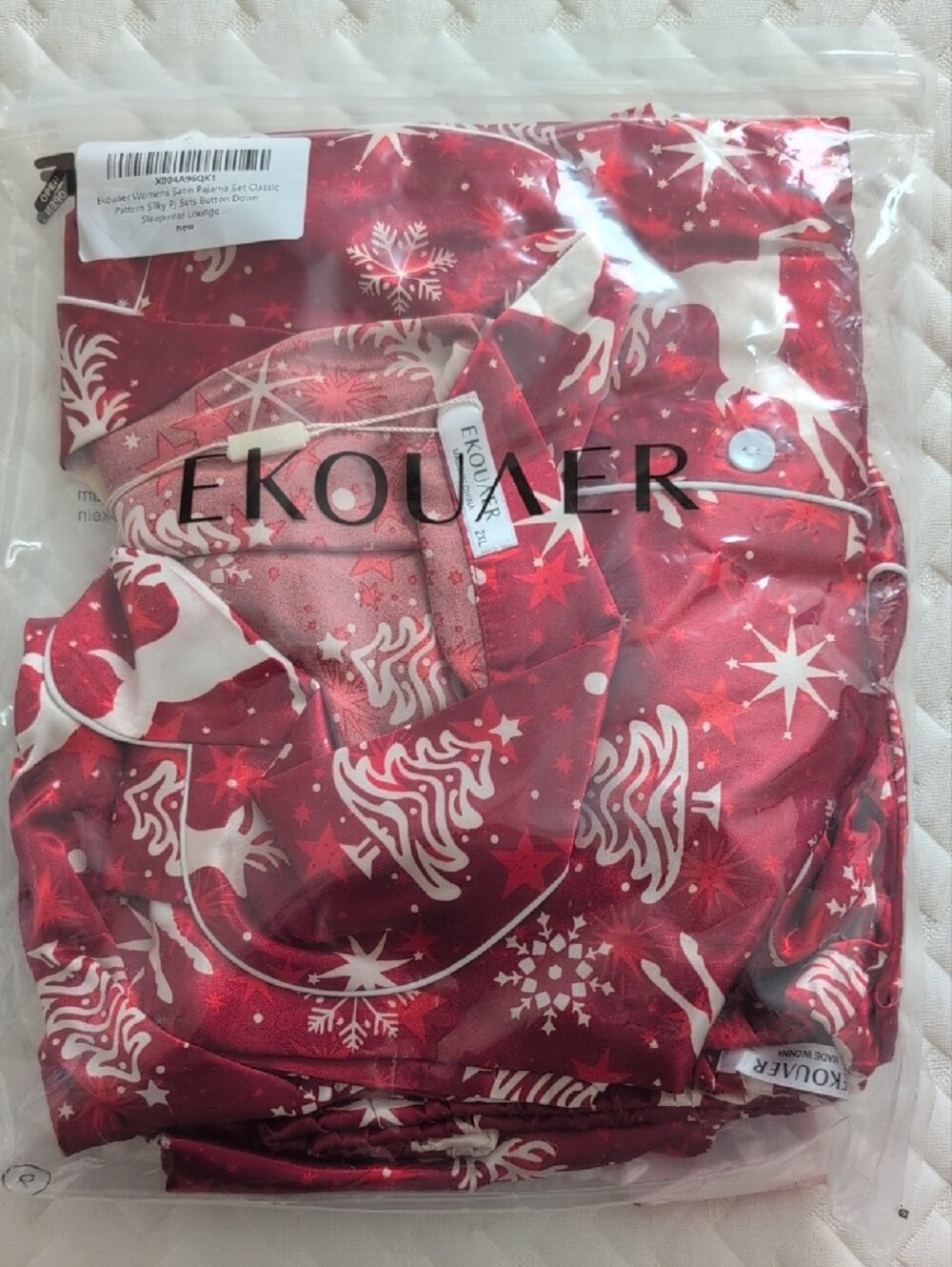 EKOUAER Satin Pajama Set Holiday Reindeer Red and White Button Down Size 2X - Picture 16 of 16